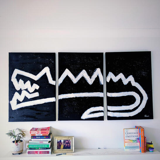 Rawr - A triptych of a dragon that started my ongoing series of weird pop 'creatures' inspired by Keith Haring and Basquiat