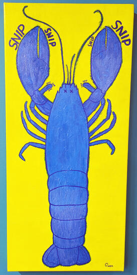 A painting of a blue lobster on a bright yellow background. The word "snip" appears a few times near the lobster claws.