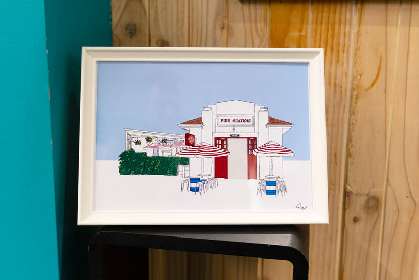 The Old Fire Station - A drawing of a cool Busselton bar, here framed at an exhibition