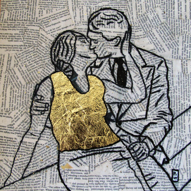The Kiss - A collage made with the pages of a book and gold leaf. From my series Portraits