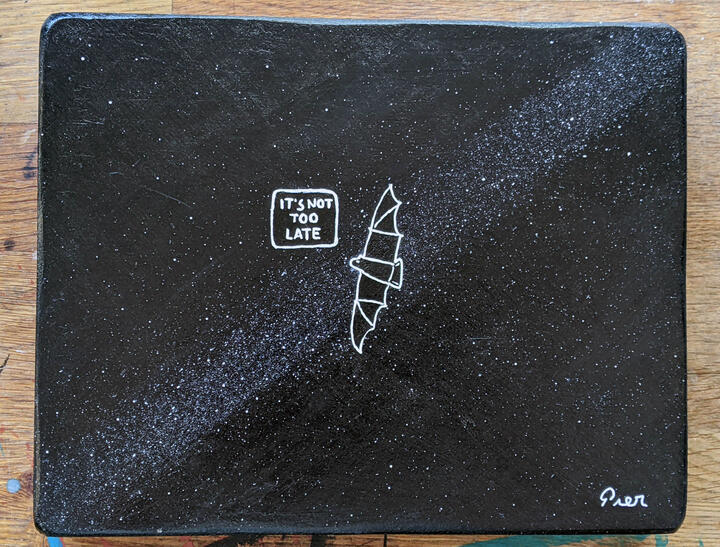 ECHO or It's Not Too Late - A small painting depicting a bat flying against the night sky and the Milky Way
